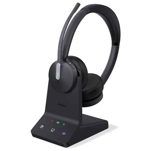 Yealink WH64 Casque sans fil avec microphone, portée de 185 m, DECT & Bluetooth, double mode, casque sans fil avec 3 microphones pour Teams Zoom, Skype, UC, téléphone IP, PC, temps de conversation 32H
