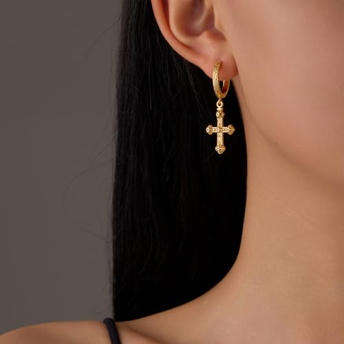 Cross Hoop Dangle Earrings 18K Gold-tone Plated Cubic Zirconia Earrings Lightweight Cross Dangle Drop Earrings for Men Women Hypoallergenic(EA002-B)2