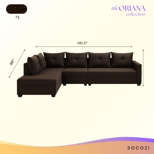 Image of SOCOZI Oriana 6 Seater LHS L Shape Sofa Set | Soft Velvet Suede Fabric | Modern Design | Plush Comfort Cushions for Living Room (Dark Brown)