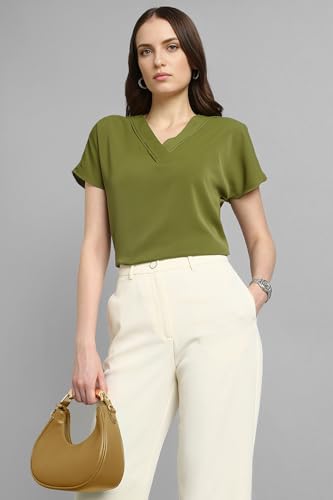 Image of Van Heusen Women's Polyester Regular Fit Half Sleeve V Neck Formal Top