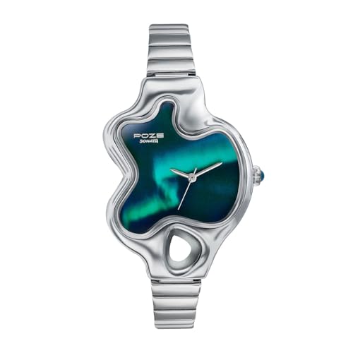 Image of Sonata Poze 8 Quartz Analog Northern Lights Inspired Watch for Unisex with Blue Luminous Dial & Silver Sheet Metal Strap - SP80140SM01W