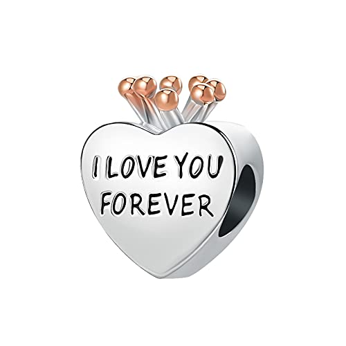 Image of Flower Mom Charm Rose Gold Crown I Love You Forever Mother Heart Charms for Pandora Bracelet & Necklace