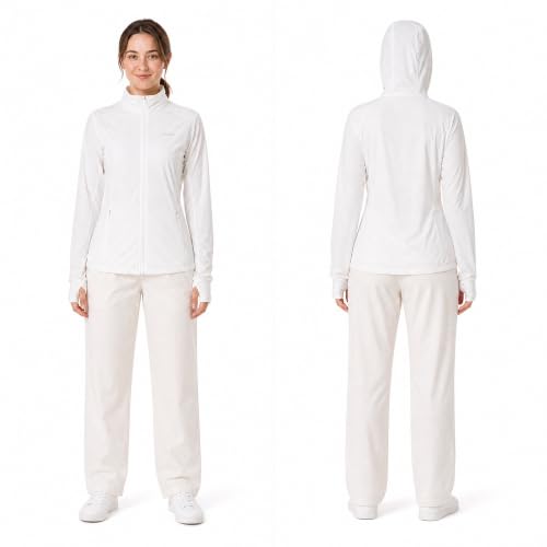 RoamFlex Women's UPF 50+ Sun Protection Hoodie Jacket, Lightweight Long Sleeve Zip Up Shirts with Thumbholes & Packable Hood - White M