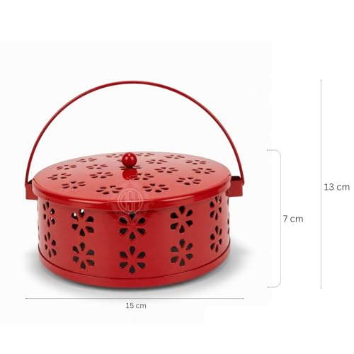 Image of DSH Metal Mosquito Coil Holder with Lid & Handle Ash Catcher Stand for Mosquito Coil Indoor Outdoor Safe Use (Red)