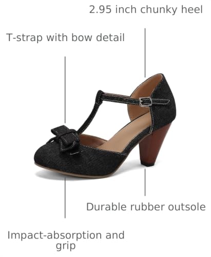 Image of Elbslutt Women's Cute Retro Rockabilly Shoes T Strap Mary Janes Heels Chunky Cosplay Shoes Sweet Block Heeled Bow Pumps