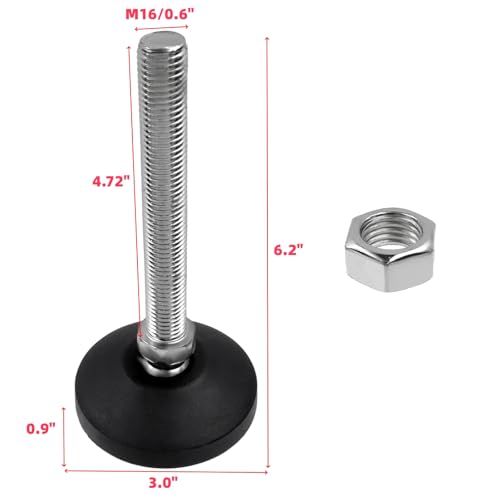 Image of M16x120mm Leveling Feet, 6.2 Inch Height & 880 lb Capacity, Heavy Duty Adjustable Swivel Furniture Glides, Threaded Rubber Feet Levelers for Table, Shelves, Workbench, Cabinet, Machine, 4Pcs