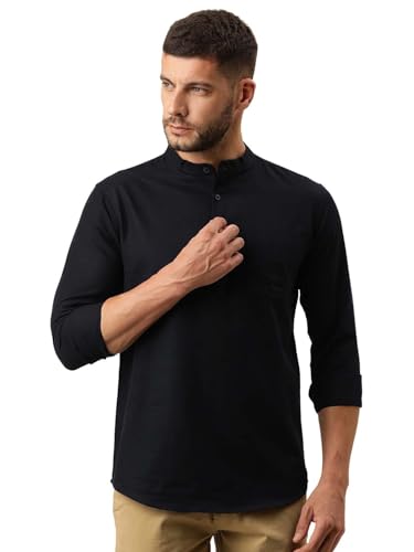 Image of KRYPTIC Men's Full Sleeve Regular Fit Short Kurta in Premium Pure Cotton with Patch Pocket and Mandarin Collar - Perfect Blend of Style and Comfort