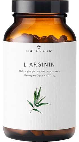 Naturkur® L-Arginin Base (rein, kein HCl) 700 mg - 270 Kapseln im Apothekerglas - Vegan, Laborgeprüft, ohne Zusatzstoffe, in Handarbeit hergestellt in Unterfranken