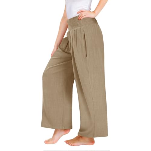 Moonker Teen Girls Linen Palazzo Pants Lightweight Baggy Wide Leg Straight High Waist Trousers Summer Solid