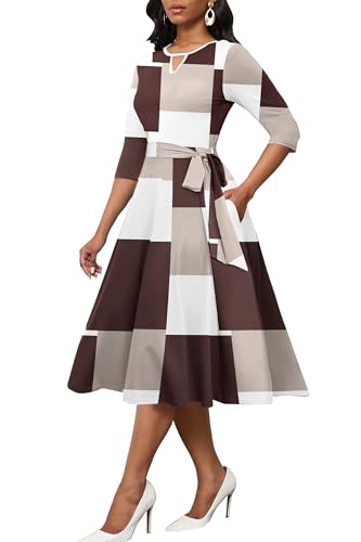 Image of CLOCOR Midi Dresses for Women Casual A-Line Fit and Flare Dress Crewneck 3 /4 Sleeve Keyhole Cocktail Party Church Dress