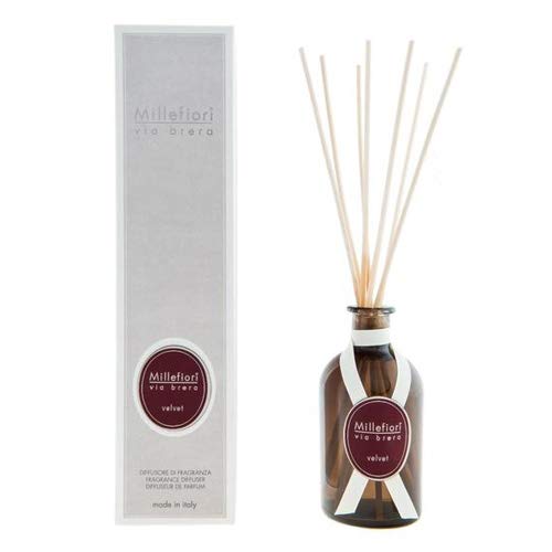 Millefiori 44MDVE Velvet Raumduft Diffuser 100 ml Via Brera inklusive hochwertiger Balsaholzstäbchen, Glas, Braun, 6.5 x 6.5 x 25.6 cm