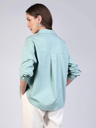 Image of Urbano Fashion Women's Cotton Full Sleeve Oversized Fit Casual Solid Slub Shirt with Spread Collar