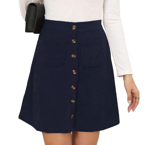 Women's Button Down Corduroy Skirts High Waist A-line Pleated Short Mini Skirt with Pockets