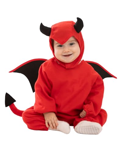 Funidelia Disfraz de Diablo para Bebé con mono, capucha, alas y cola, Traje de Demonio, Disfraces de Halloween y Carnaval – Talla 0-6 meses