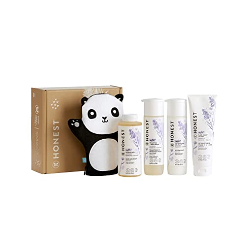 Image of The Honest Company Lavender Bathtime Essentials Bundle | Shampoo + Body Wash, Conditioner, Face + Body Lotion, Bubble Bath, Panda Bath Mitt | Naturally Derived, Tear-free, Hypoallergenic