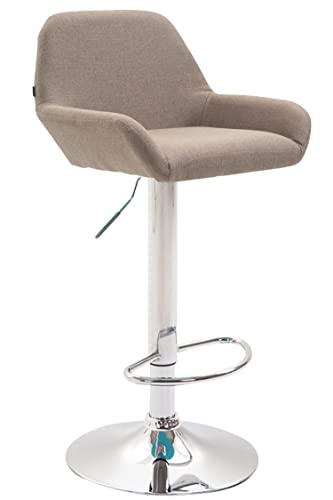 TPFLiving Taburete de bar Bragnum con cómodo respaldo y cómodo reposapiés, asiento giratorio 360°, estructura de metal con aspecto de cromo, superficie de asiento: tela gris topo