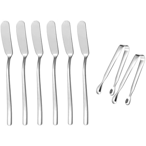 sweetfamily 8-Piece Cheese Butter Spreader Knives Set Charcuterie Board Accessories Stainless Steel Spreader Knives Set Include Mini Serving Tongs for Party Wedding (Silver) Cover