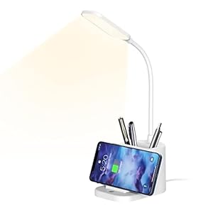 Lampe de table, petite lampe de bureau avec chargeur sans fil, 3 modes d’éclairage de protection des yeux, tube réglable à 360 degrés, avec porte-stylo et support pour téléphone portable, blanche