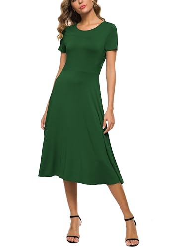 Image of EXCHIC Women's Casual Round Neck Short Sleeve Midi Dress Solid Stretchy Waist Knee Long Dress