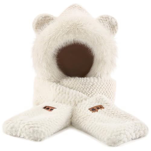 Hooded Scarf for Women Winter, Cute Bear Ear Hat Scarf 3 in 1 Faux Fur Gloves Set Soft Thick Warm Hat