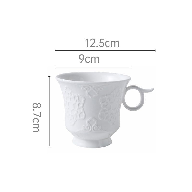 Porcelanowy kubek do kawy ze spodkiem, Światło Zestaw filiżanek i spodków do kawy z europejską płaskorzeźbą, popołudniowej herbaty, biały 12,5 x 8,7 cm