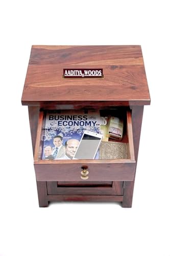 Image of AADITYA WOODS Solid Sheesham Wood Bedside Table Wooden Drawer & Cabinet Storage Side Table | End Tables Night Stand for Home Living Room Bedroom Office