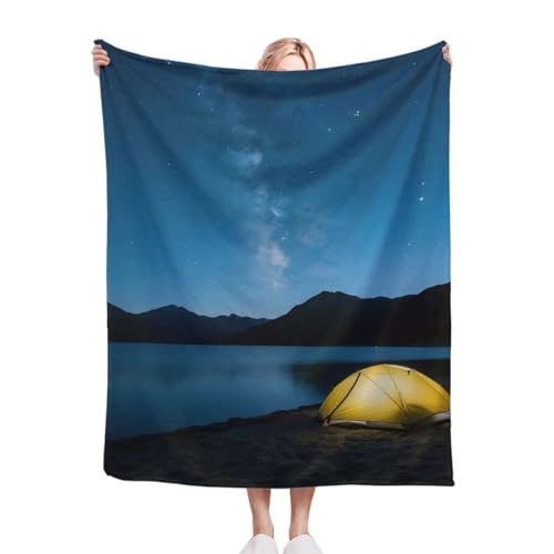 Blue Yellow Plush Flannel Throw Blanket Camping Tent Northern Lights Super Soft & Fuzzy for Year Round Comfort on Couch, Bed, Snuggle Aurora Borealis 40x50 Inches