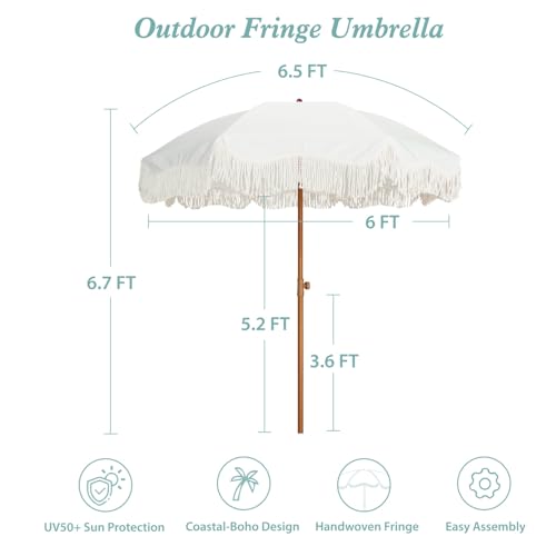 AMMSUN Boho Fringe Umbrella Outdoor Patio, 6.5ft UPF50+ Picnic Umbrella with Tassels with Steel Pole and Push Button Tilt, Antique White