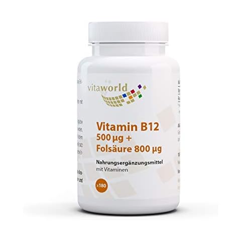 Pack of 3 Vita World Vitamin B12 500 µg + Folic Acid 800 µg 3 x 180 Tablets Vegan / Vegetarian Made in Germany Cover