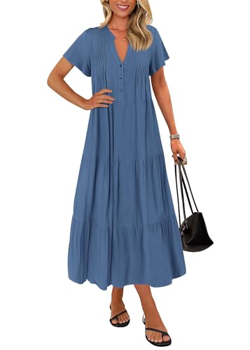 KIRUNDO Summer Maxi Dresses for Women 2025 Spring Fashion Short Sleeve Button V Neck Pleated Loose Tiered Swing Flowy Dress(Blue, Large)