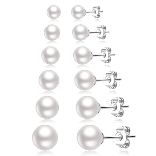 LOUMILEO 6 Pairs Pearl Earrings Set Hypoallergenic Small Sterling Silver Stud Earrings for Women Man 3-10MM Tiny Cartilage Piercing Pearl Studs for Multiple Piercing