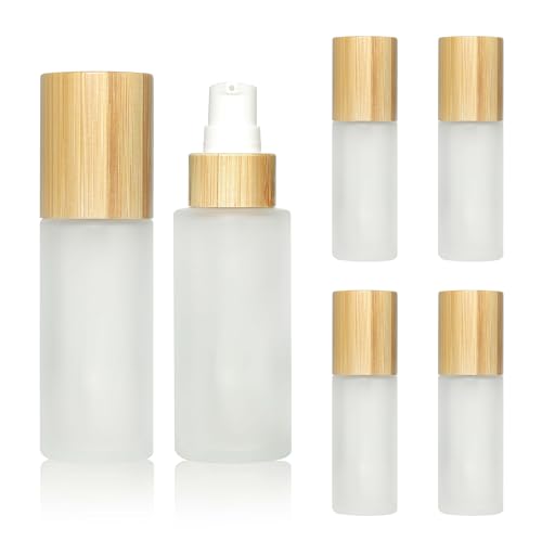 COSIDEA 6 pcs Empty 1.67oz / 50ml bamboo lids Frosted glass bottle with lotion pump dispenser, refillable emulsion cosmetic cream Serum bottles, toiletries refill travel container