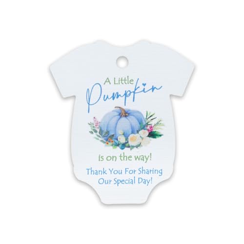 Étiquettes pour cadeaux d'invités baby shower motif citrouille bleue carte blanche
