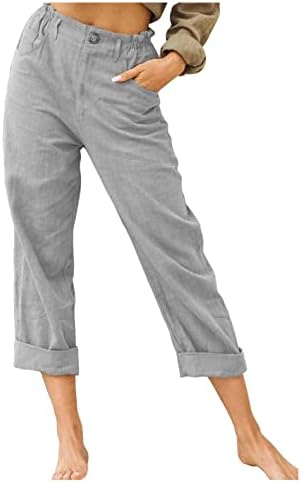 Leirke Womens Linen Buttons Cropped Pants High Elastic Waist with Pockets for Summer Casual Work Crop Pants Stretch Capris(Gray,Large)