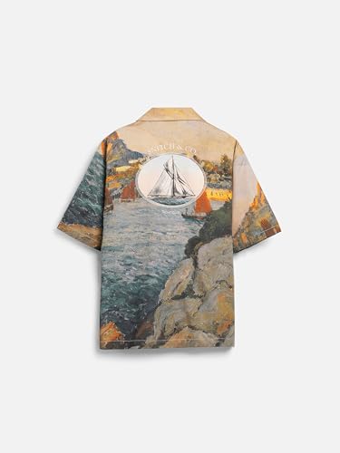 Image of SNITCH Men Yacht Club Luxe Casual Shirt | Regular Fit Half Sleeve Cuban Collar Graphic Print Design | Cotton Lyocell Blend & Breathable Fabric for Resort Wear & Summer Outings