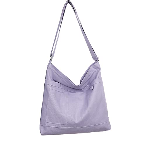 Image of Cotton Tote Handbag Women Canvas Crossbody Beach Bag Hobo Shoulder Tote Bag with 3 External Pocket,Zipper Closure