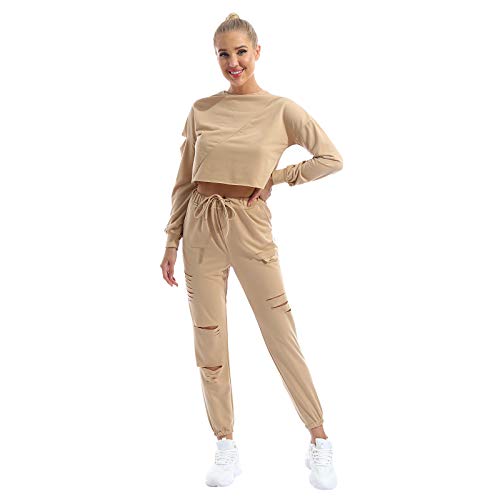 LiiYii 2 unidades de traje de deporte para mujer, de manga larga, pantalón corto para primavera, otoño y otoño con agujeros de moda, talla grande S-5XL champán XL