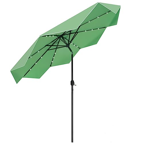 PHI VILLA 9ft Patio Umbrellas with 24 pcs LED Solar Lights, Outdoor Market Table Lighted Umbrella with 8 Steel Ribs, Tilt for UV-Resistant, Lotus Leaf Shape Canopy, Green
