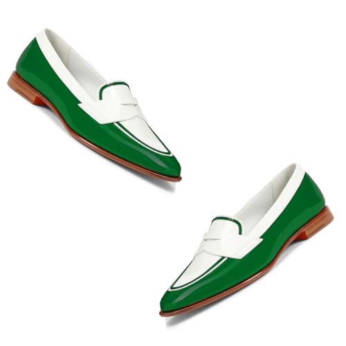 Image of Women Patent Slip On Loafer Flats Two Tone Round Toe Flat Heel Penny Loafers Casual 1 inch Low Heel Loafer Dress Shoes Oxford Comfort Chic Colorblock Office Ladies 4-11 M US
