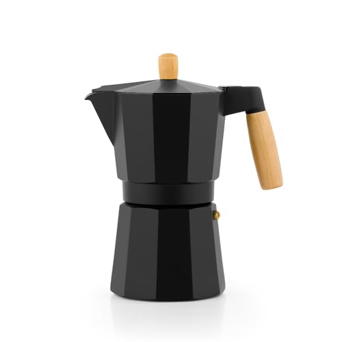 BRA Market | Cafetera 6 tazas (285 ml), cuerpo de aluminio, asa y pomo de madera de haya natural, full induction, apta para todo tipo de cocinas incluida inducción