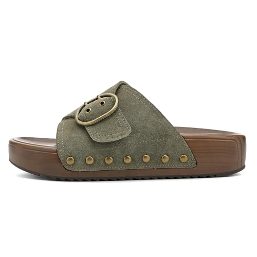 Image of UBFEN Womens Platform Slide Sandals | Real Leather,Buckle Sandals with Cushioned Flatform Footbed,Comfortable for Walking,Arch Support,Casual Styling