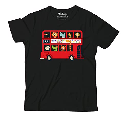 Image of Boys & Girls Cute Animals on The Red Double Decker London Bus Transport Theme 100% Cotton Unisex Kids T-Shirt