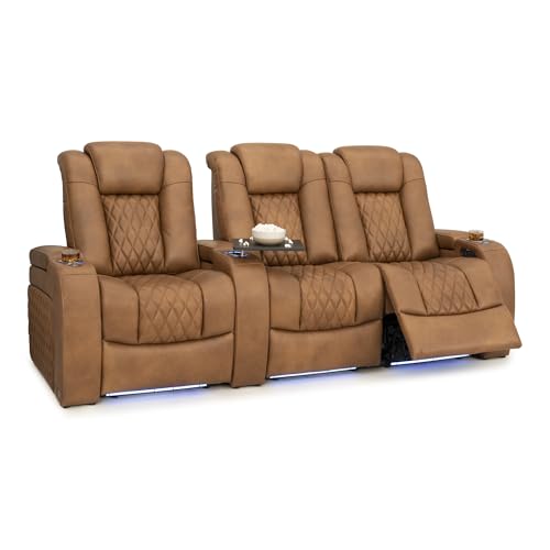 Image of Seatcraft Diamante Tawny Italian Leather Home Theater Seating, Zero Gravity Power Recliner Gaming and Home Office Chair Powered Headrest Lounge Sofa Furniture for Cinema Room, Row of 3 Right Loveseats