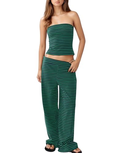 Image of Women's Striped Two Piece Sets Cropped Tube Top and Wide Leg Pants Lounge Matching set with Pockets