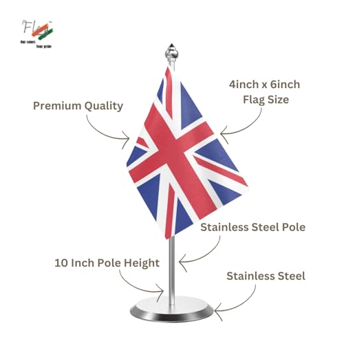Image of The Flag Company Country Table Flag Single Stainless Steel Stand for Home and Office Desk,Conference (United Kingdom)