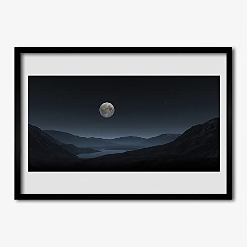 Affiche encadrée 70x50 cm avec cadre en MDF noir pour salon décoration nuit moon paysage