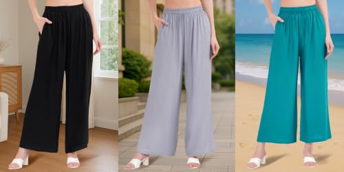 Image of Buy That Trendz Palazzo Pants for Women Rayon Elasticated Regular Fit Flared Wide Leg M to 6XL Pack of 3