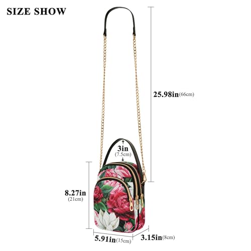 One Shoulder Handbags White Red Pink Peonies Quilted Phone Wallet Chain Strap Purse Cute Zipper Crossbody Bowler Bag, 5.9" × 8.3" × 3.1"3