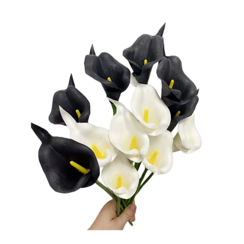 14"Artificial Calla Lily Flowers,12 Single Heads Pu Flower Small Flower Bouquet Accessorie,Calla Lily Bridal Wedding Bouquet For Greenery Plants Indoor Outside Garland Home Office Decor (White/Black) #TOP25