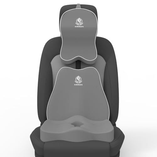 Image of MRRON Memory Foam Car Seat Cushion Combo - Backrest, Coccyx Cushion & Neckrest - Orthopedic Support for Back, Tailbone, Sciatica & Neck Pain - Ergonomic Comfort for Car, Office. (Grey, Slim Backrest)